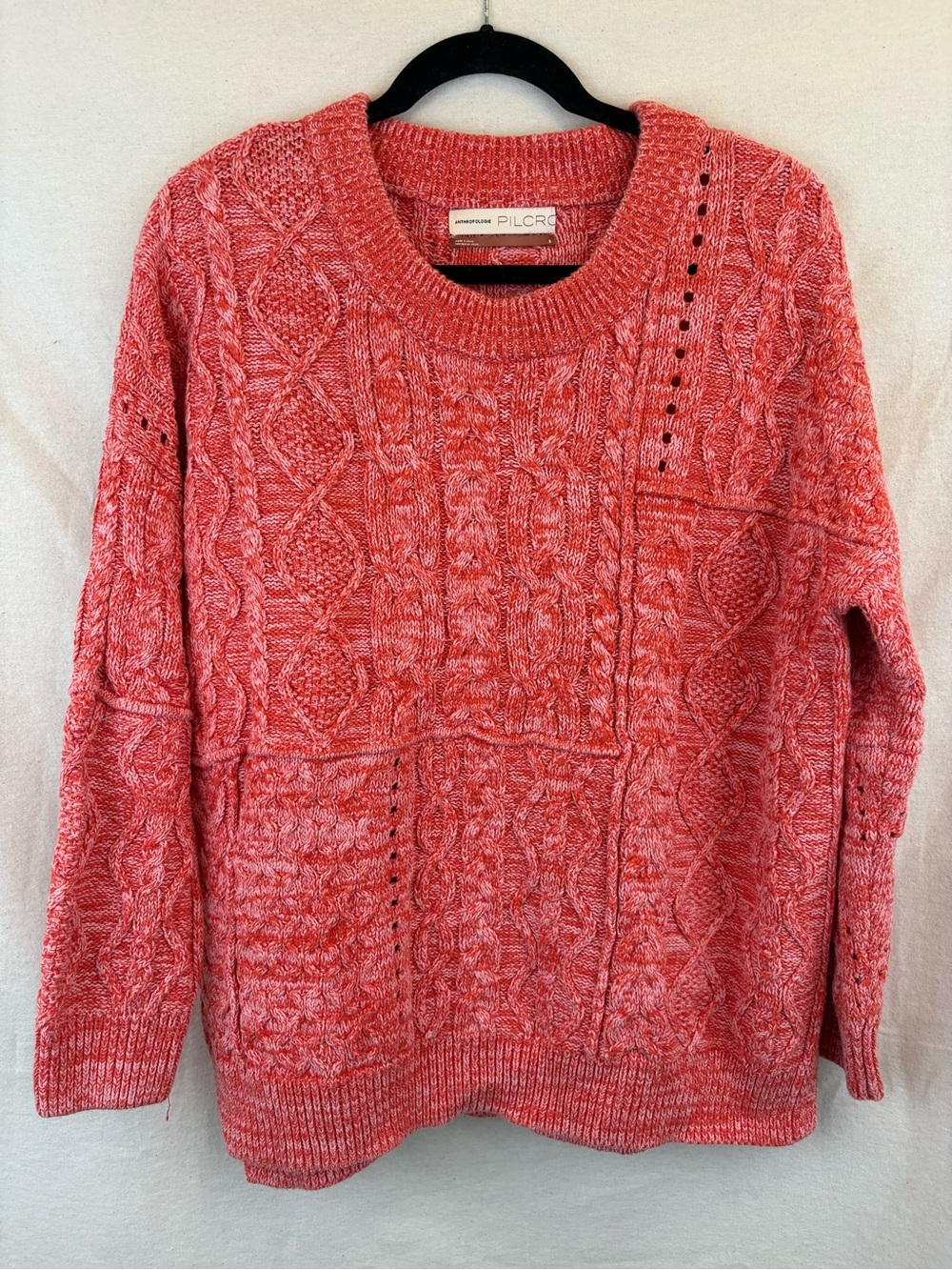Anthropologie Pilcro Jasmine Cable Knit Tunic Sweater SMALL Pink Red Oversized